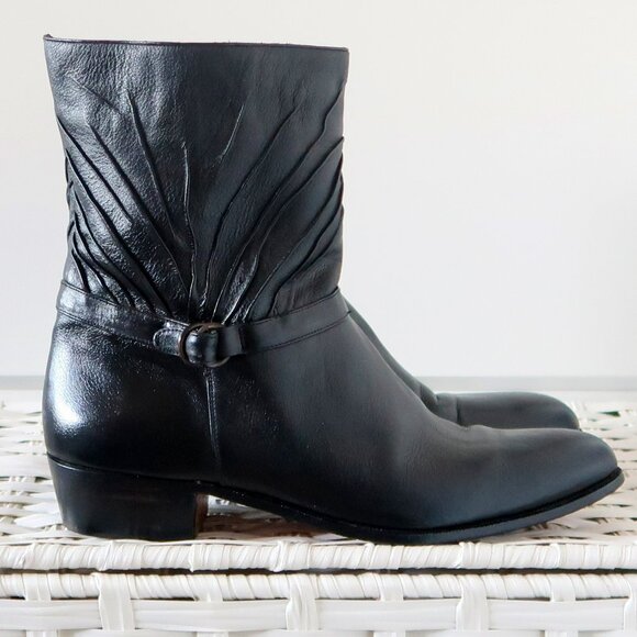 Hardy Black Leather Mid-Calf Western Hand Made Ankle Boots Block Heel Brazil 9.5 - Picture 3 of 16